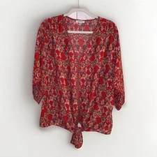 Max Studio Red White Floral Kimono Tie Front Blouse Size 2X Wide Mid Sleeve