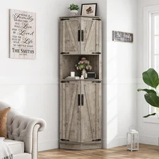 68"Tall Farmhouse Corner Cabinet+4 Barn Doors+5 Level Storage+Adjustable Shelves