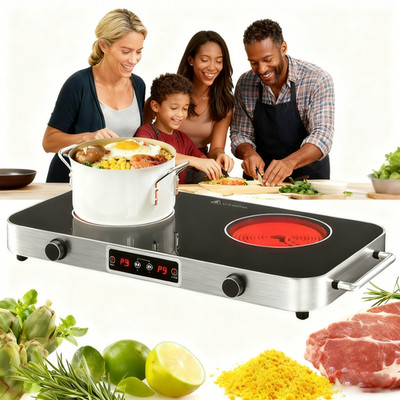 Electric Radiant Cooktop 2 Burners Portable Electric Stove Top Knob Control 110V