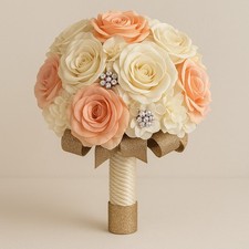 Handmade Faux Rose Bridal Bouquet Ivory Blush Peach Roses Rhinestone Accents