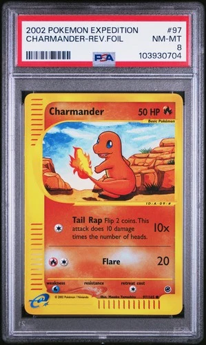 2002 POKEMON EXPEDITION #97 CHARMANDER-REVERSE FOIL PSA 8