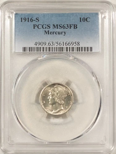 1916-S MERCURY DIME - PCGS MS-63 FB, CHOICE!