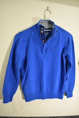 Tommy Hilfiger Sweater BOYS M 10 12 Blue Half Zip Pullover Elbow Patch Cotton