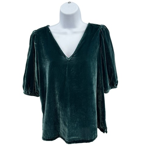 Loft Velvet Blouse Womens S Royal Teal V-Neck Short Sleeve S/549084 Elastic Cuff - 第 1/9 張圖片