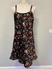 Vintage Black Floral With Roses Slip Lingerie Nightgown Size Large 