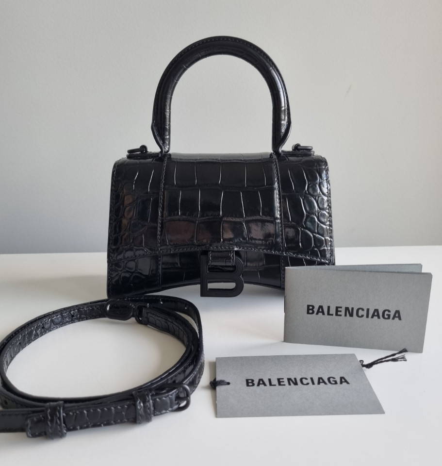 Balenciaga Hourglass XS Top Handle Bag Embossed Black Calfskin Leather
