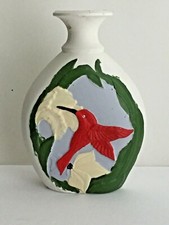Oval White Vase Flared Opening Multi Colored Hummingbird  Flowers Leaves 8 1/4"