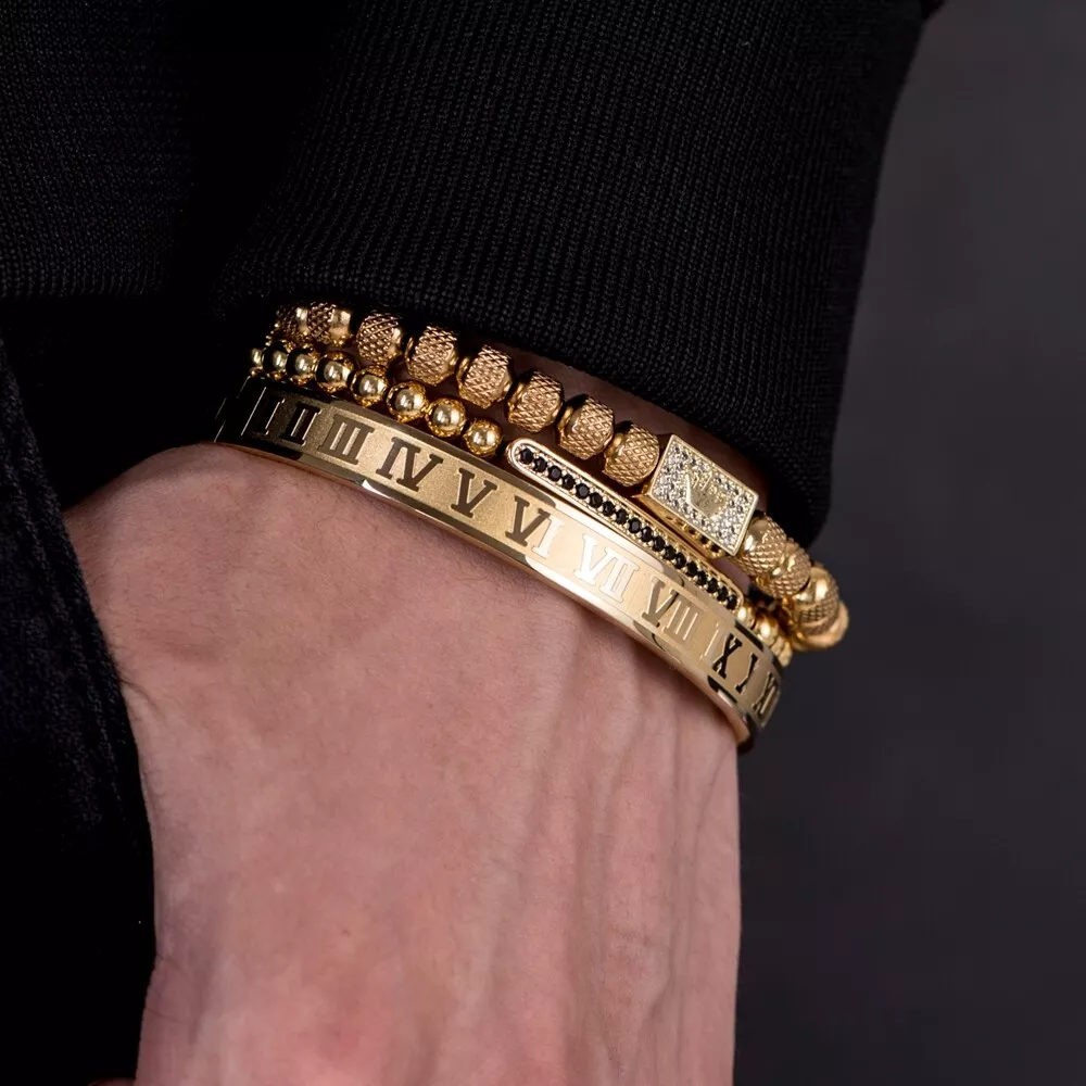 3pcs Set Luxury Gold Royal King Crown Men Bracelet Roman Numeral Bracelet Adjust
