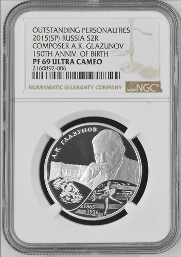 2013 RUSSIA 2 Roubles COMPOSER A.K. GLAZUNOV 150TH  Silver Proof NGC PF 69 UC