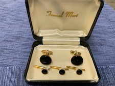 Vintage 1970's Formal Cuff Link  Stud Set Gold Tone Faux Black Onyx center