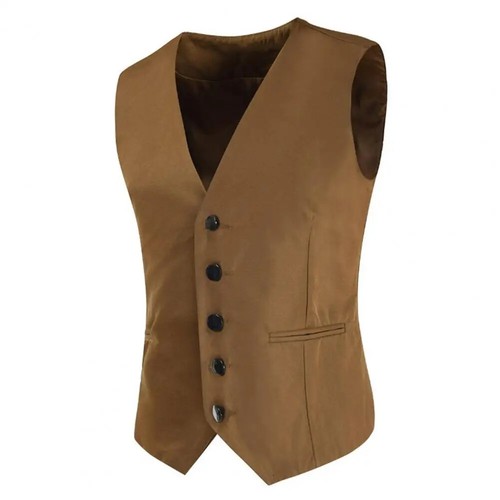 Men Suit Vest V-Neck Sleeveless Single-Breasted Suit Jacket Solid Color Pockets - Picture 3 of 28