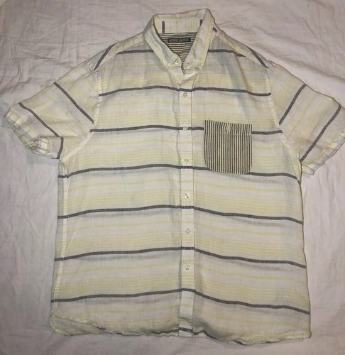 MICHAEL BASTIAN 100% Linen Yellow / Grey Stripe Casual Short Sleeve Shirt Sz M/M - Picture 5 of 11