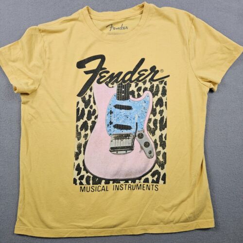 Fender Guitar Shirt Womens L Yellow Animal Print  - Afbeelding 1 van 14