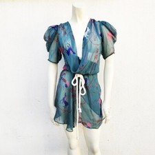 SRETSIS Women Silk Horse Print Dress Short Sleeve V Neck Puff Sleeve Green 2