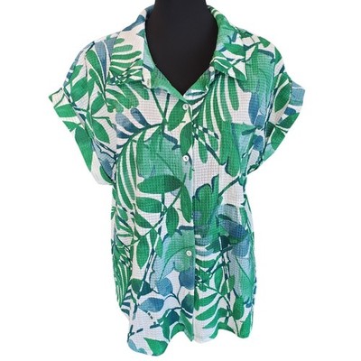 Kathy Ireland Tropical Leaf Button Down Shirt Green Blue XL HK35382