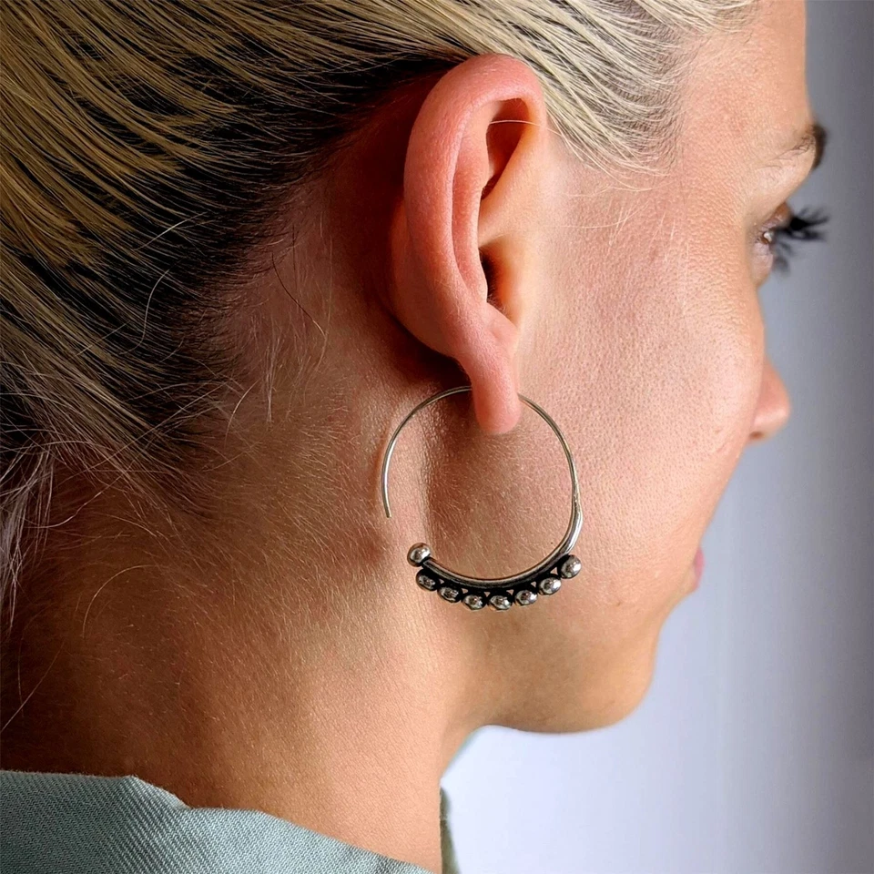 81stgeneration Argento Fine .999 Hill Tribe Orecchini a Cerchio Perline Palle - Immagine 2 di 4