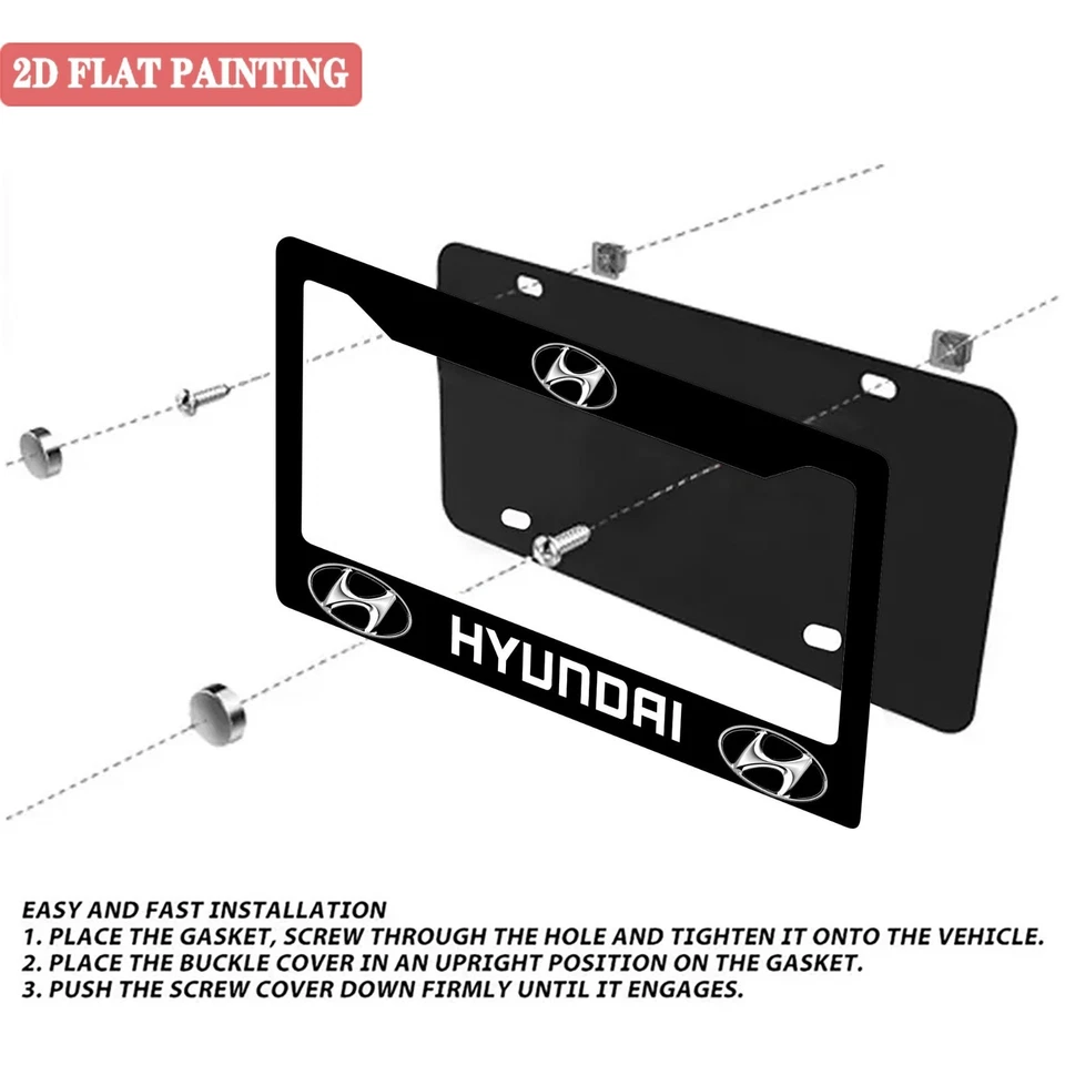 Paquete de 2 marcos de matrícula de aluminio negro Hyundai con tapones de rosca Foto 3 de 4