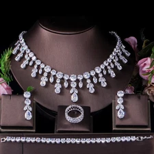 4pcs Silver Plated Leaf Zircon Crystal Tassel Dangle Women Wedding Jewelry Set