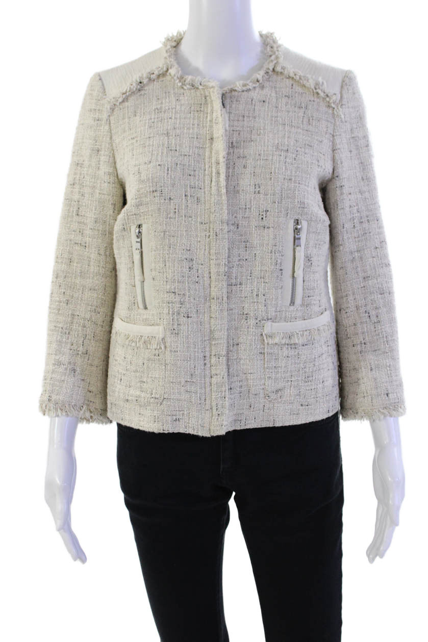 Joie Womens Tweed Full Zipper Light Jacket White Black Cotton Size MediumFree Shipping in US $100+ Orders | $6.95 Orders Below