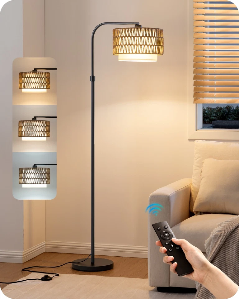 Lámparas de pie EDISHINE de arco para sala de estar lámpara de pie boho de ratán, control remoto Foto 2 de 4