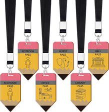 6 Set Classroom Hall Pass Lanyards Wood School Bathroom Library Office Pencil