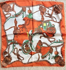 Women's Square Scarf Orange White Satin Polyester Horse Equestrian Chain Ruffle