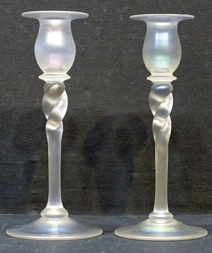 Antique STEUBEN Art Glass VERRE DE SOIE Twisted Stem CANDLESTICKS Candle Holder