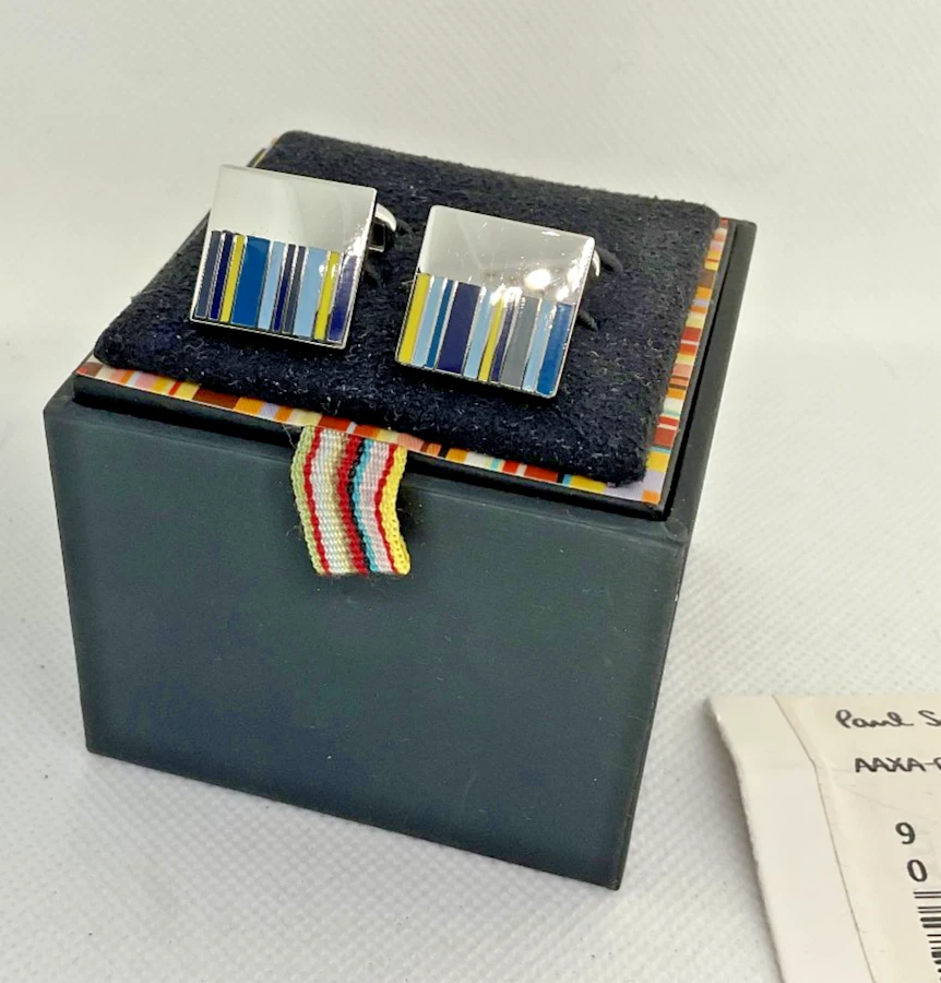 Paul Smith подпись полоски квадратный синий желтый бирюзовый посеребренный запонки коробка - Изображение 3 из 4
