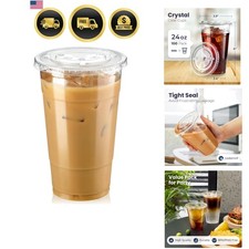 100 Pack 24 oz Clear Plastic Cups with Flat Lids, Disposable Iced Coffee Cups...