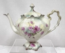 RS Prussia Beautiful Pink Rose Shappy Pedestal Teapot Ruffled handle