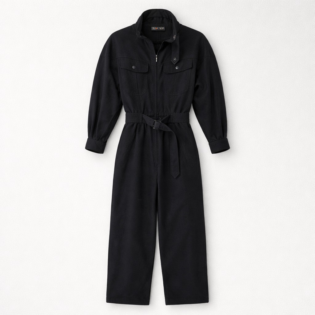 Escada Vintage Jumpsuit Size Large Black Wool Blend Snap Pockets W/Belt 80's