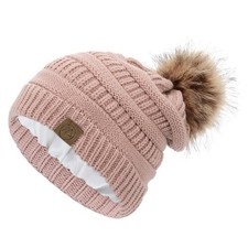 Satin Lined Winter Hats for Women Beanies Women Satin Lined Beanie with Pom P...