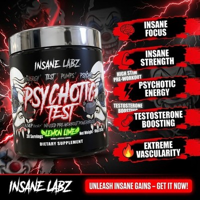 INSANE LABZ PSYCH-O-TIC TEST Pre-Workout Powerhouse Energy Pumps 30 Servings