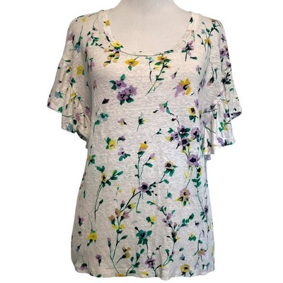 LOFT Linen Floral Tee Womens Medium Flutter Wedge White Multicolor Casual Top
