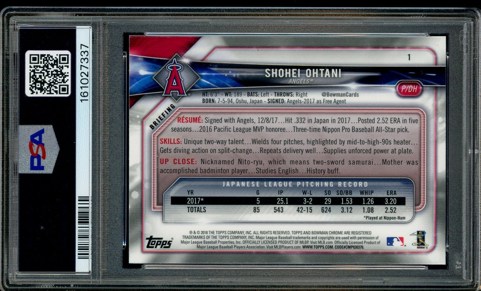 2018 Bowman Chrome #1 Shohei Ohtani Angels RC Rookie PSA 10 GEM MINT view 2
