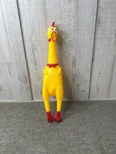 Yellow Rubber Squawking Chicken Toy 18 Inch With Red Feet  Neck Bow