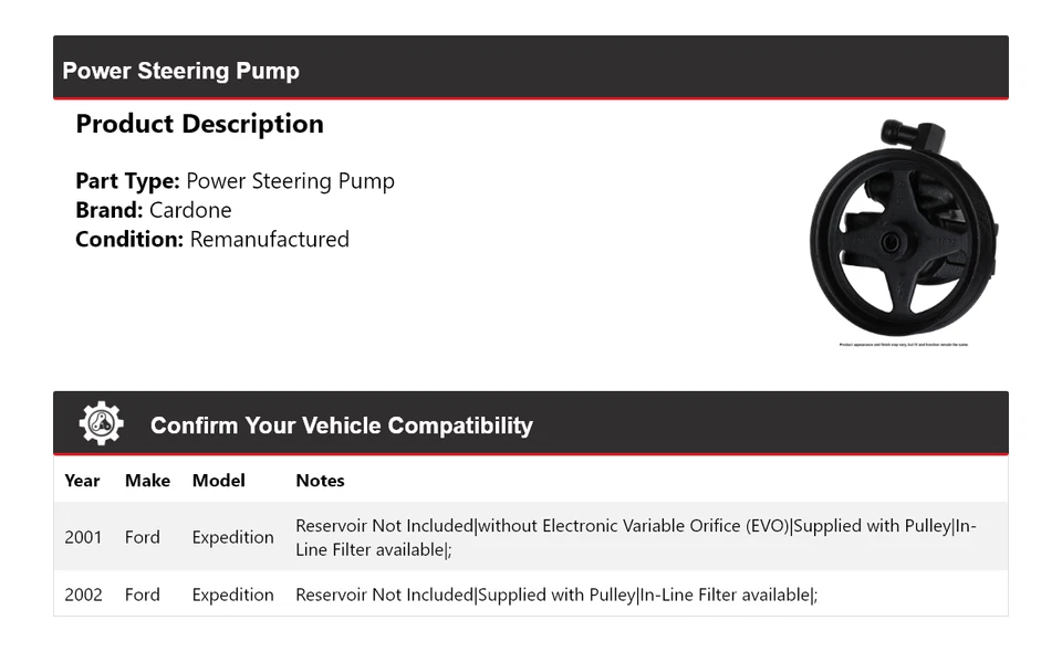 适用于 2001 - 2002 年福特 Expedition 动力转向泵 Cardone — 第 2/4 张图片