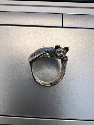 VINTAGE SIGNED James Yesberger Kitty Cat Sterling Silver Ring - Size 5.75