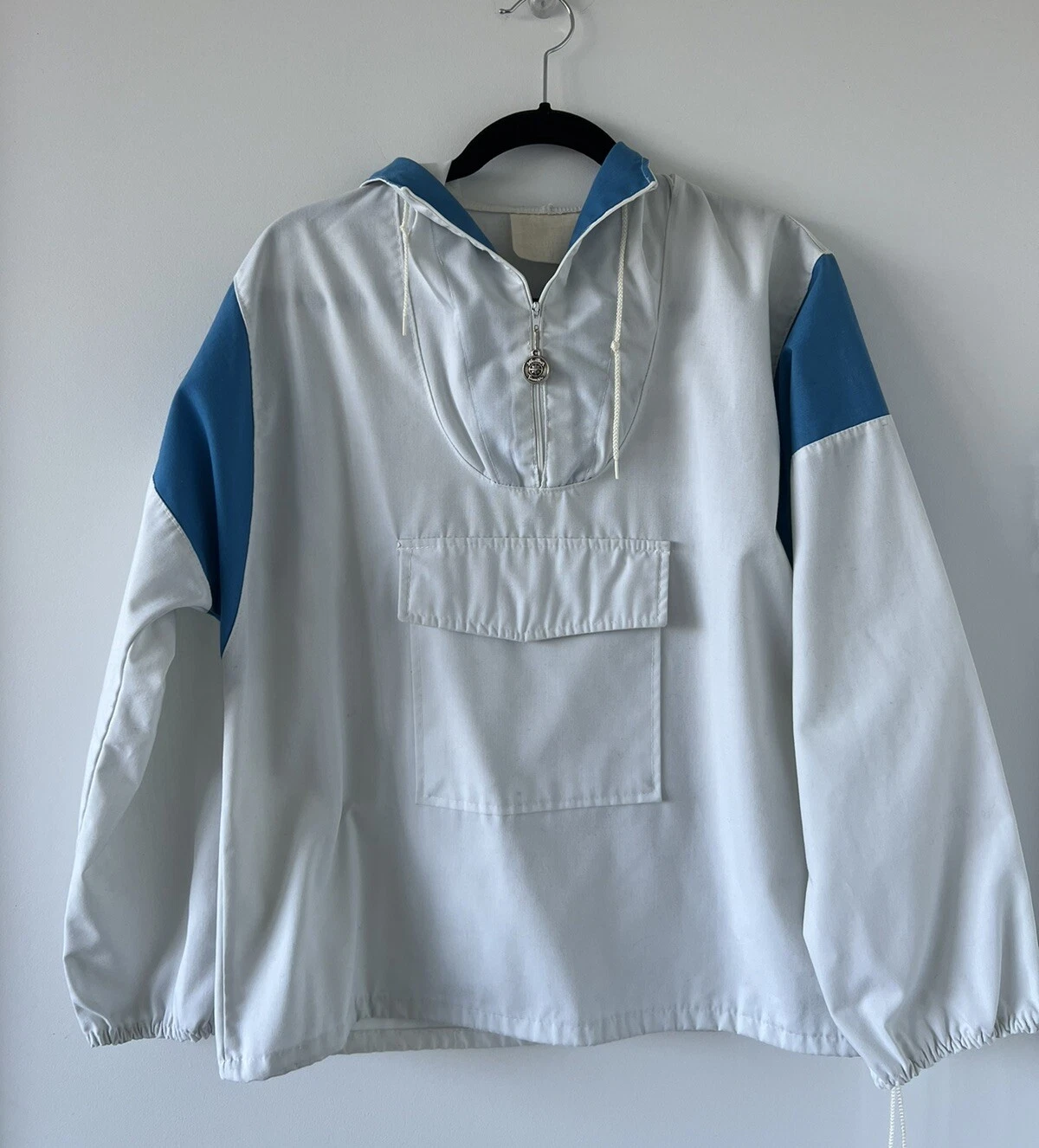 VINTAGE 80s Weather Tamer Hooded Pullover Anorak Jacket - Blue/White Britpop