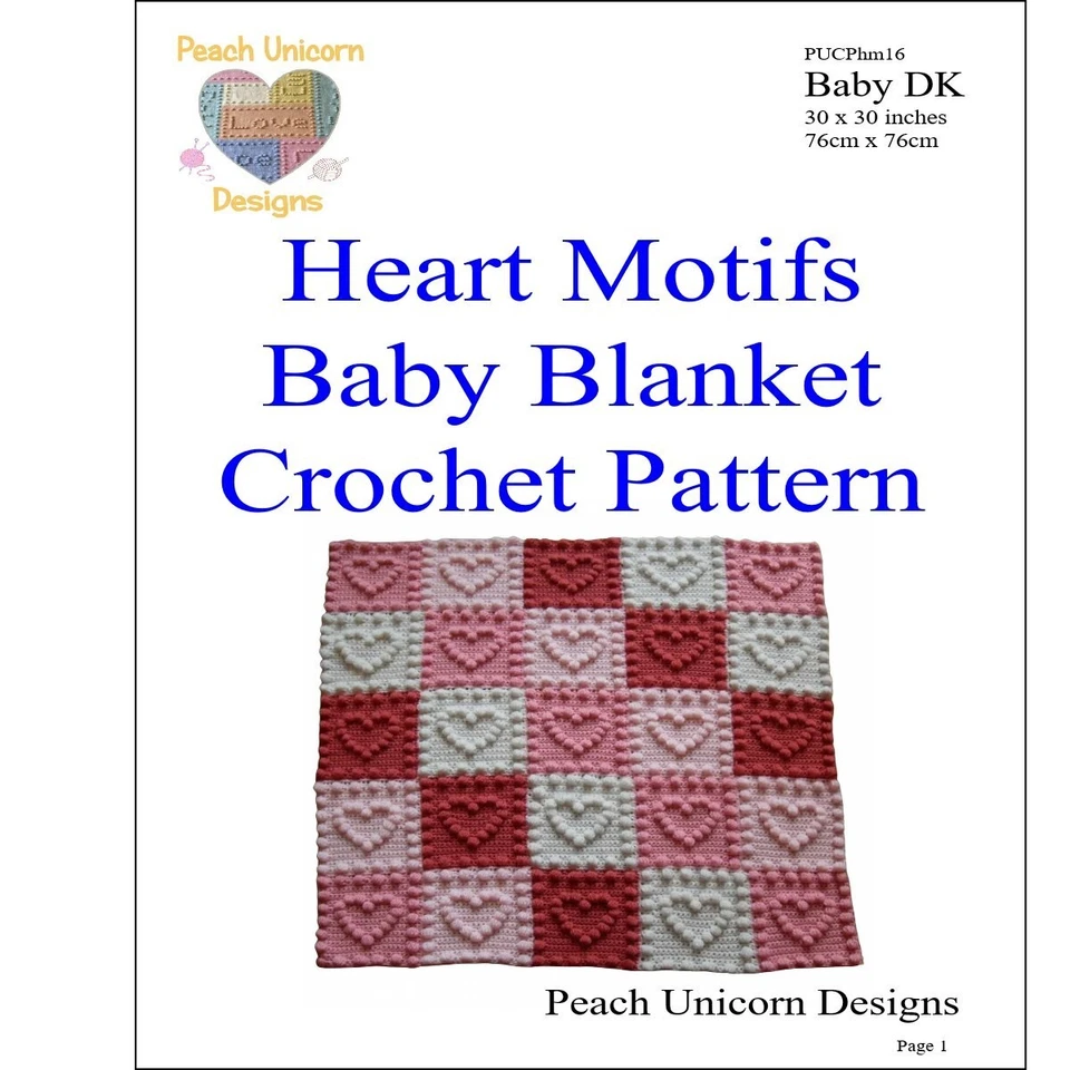 Crochet Pattern for Baby Blanket - Heart Motifs, Easy, Puff Stitch, A4 Booklet - Image 2 of 4