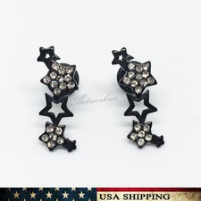 New Women's Black Stainless Steel Rhinestone Stars Ear Stud Earrings