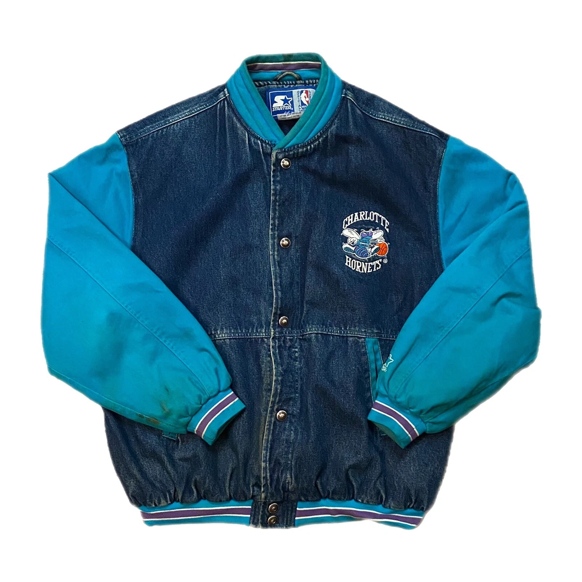 Vintage Rare NBA Charlotte Hornets Starter Denim Varsity Jacket Mens L