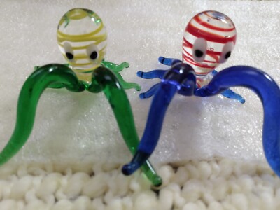 Art Glass Figurine Octopus Hand Blown Glass Lot Of 2 Miniatures 