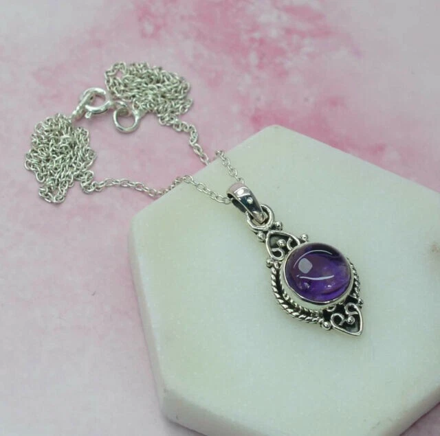 Ametista Viola Rotondo Gemma 925 Argento Sterling Collana San Regalo - Immagine 3 di 4