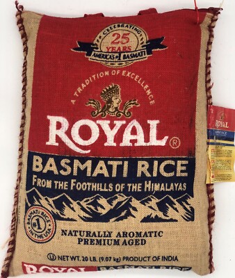Royal Basmati Rice Bag 20lbs Burlap Handles Zipper Heavy Duty 25th Anniv No Rice