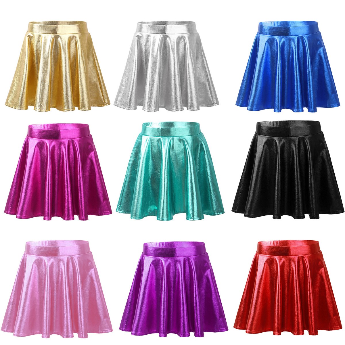 AU Kid Girls Shiny Metallic Skater Mini Pleated Skirt Jazz Hip Hop