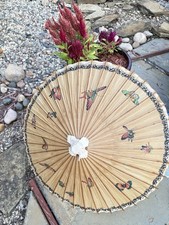 Vintage Asian Rice Paper Bamboo Parasol Umbrella Hand Painted Butterfly. Lg Size
