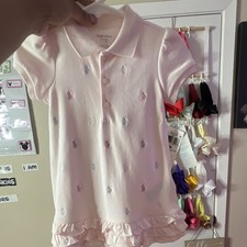 Ralph Lauren Girls 12m Pink Cotton Collared Short Sleeve Logo Ruffle Romper
