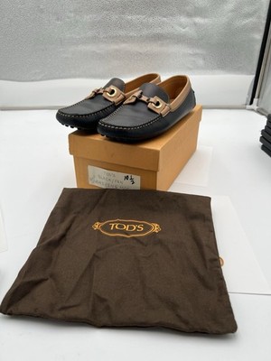 Tod s Mens Driving Loafers Black Tan Leather Moccasins Size 10.5 Made in Italy