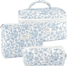 3Pcs Makeup Bag Quilted Cosmetic Bag Set Bow Travel Large Makeup Pouch for Women